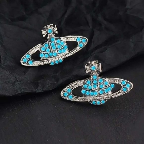 VIVIENNE WESTWOOD STYLE SATURN AQUA RHINESTONE EARRINGS 49 - Picture 1 of 1